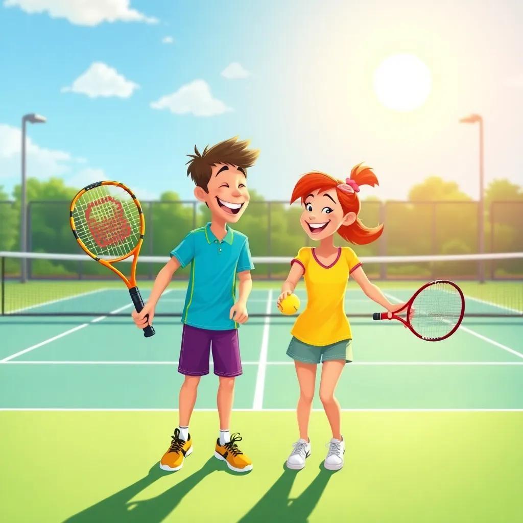 Max and Mia, now best friends, practicing padel together on the court, laughing and hitting the ball back and forth, bright colors, morning sunshine, playful energy, illustrated scene
