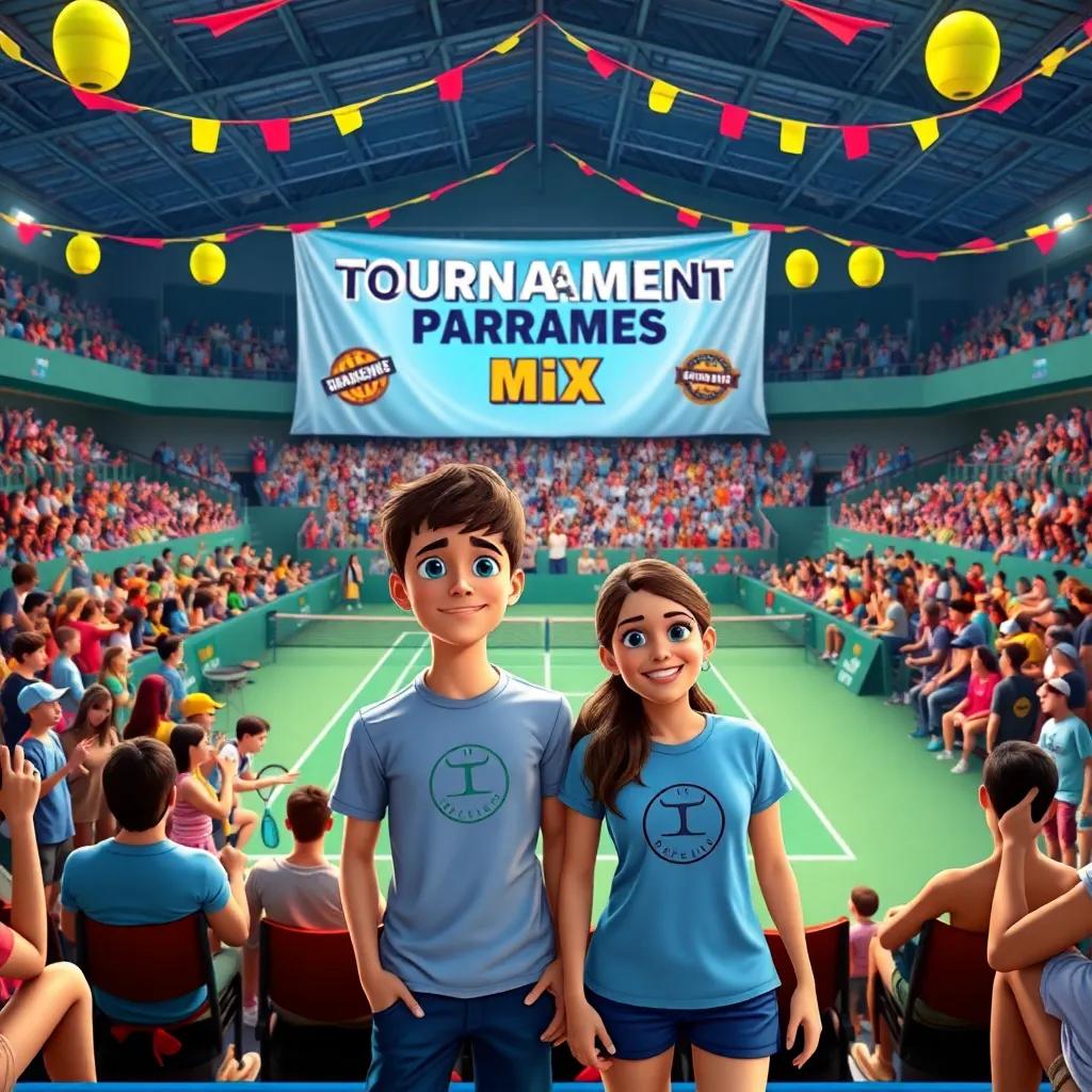 A big tournament banner on the padel court, filled with excited spectators, Max and Mia wearing matching t-shirts, standing together and smiling nervously, colorful decorations, sense of anticipation, high quality