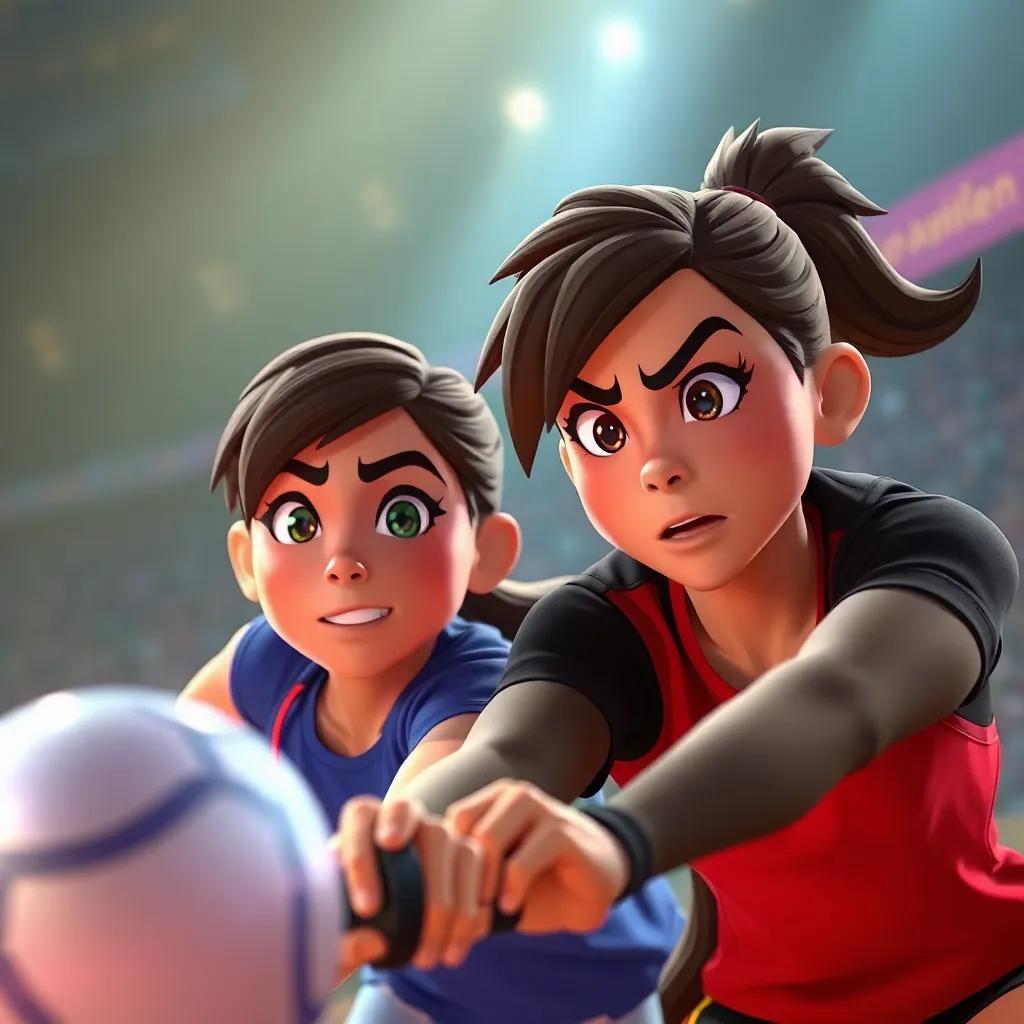 Max and Mia in the final match, both focused and determined, rallying fiercely against a tough team, the tension captured on their faces, vibrant colors, immersive scene, highlight of teamwork
