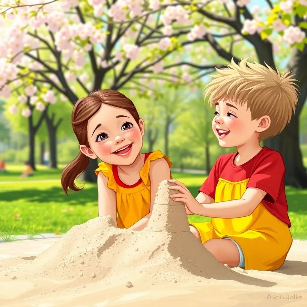 A sunny park scene with two children, Mia and Jake; Mia, an 8-year-old girl with brown hair in a ponytail, wearing a bright yellow dress, and Jake, an 8-year-old boy with messy blonde hair in a red t-shirt and shorts, laughing together and building a sandcastle, cherry blossom trees in the background, digital art, cheerful atmosphere, bright colors, high detail, warm and inviting