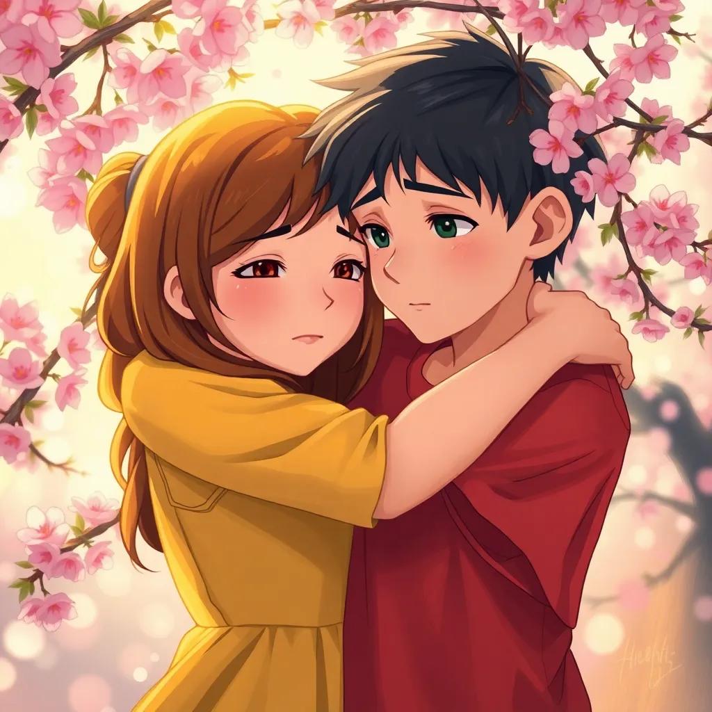 A warm heartfelt hug between Mia and Jake; Mia, with brown hair and a yellow dress, looking sad yet hopeful, and Jake, in a red t-shirt, with tears in his eyes, surrounded by blooming cherry blossoms, glow of sunlight filtering through the branches, digital art, emotional, warm colors, tender moment, high detail