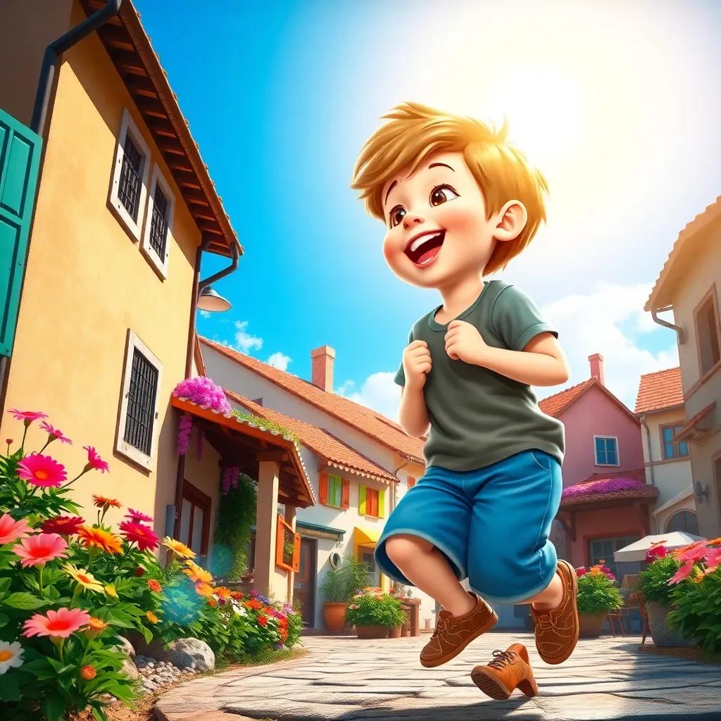 In a small cozy town, a young boy named Sam playing under a bright blue sky, laughter in the air, surrounded by flowers, digital art, cheerful colors, inviting atmosphere, high quality