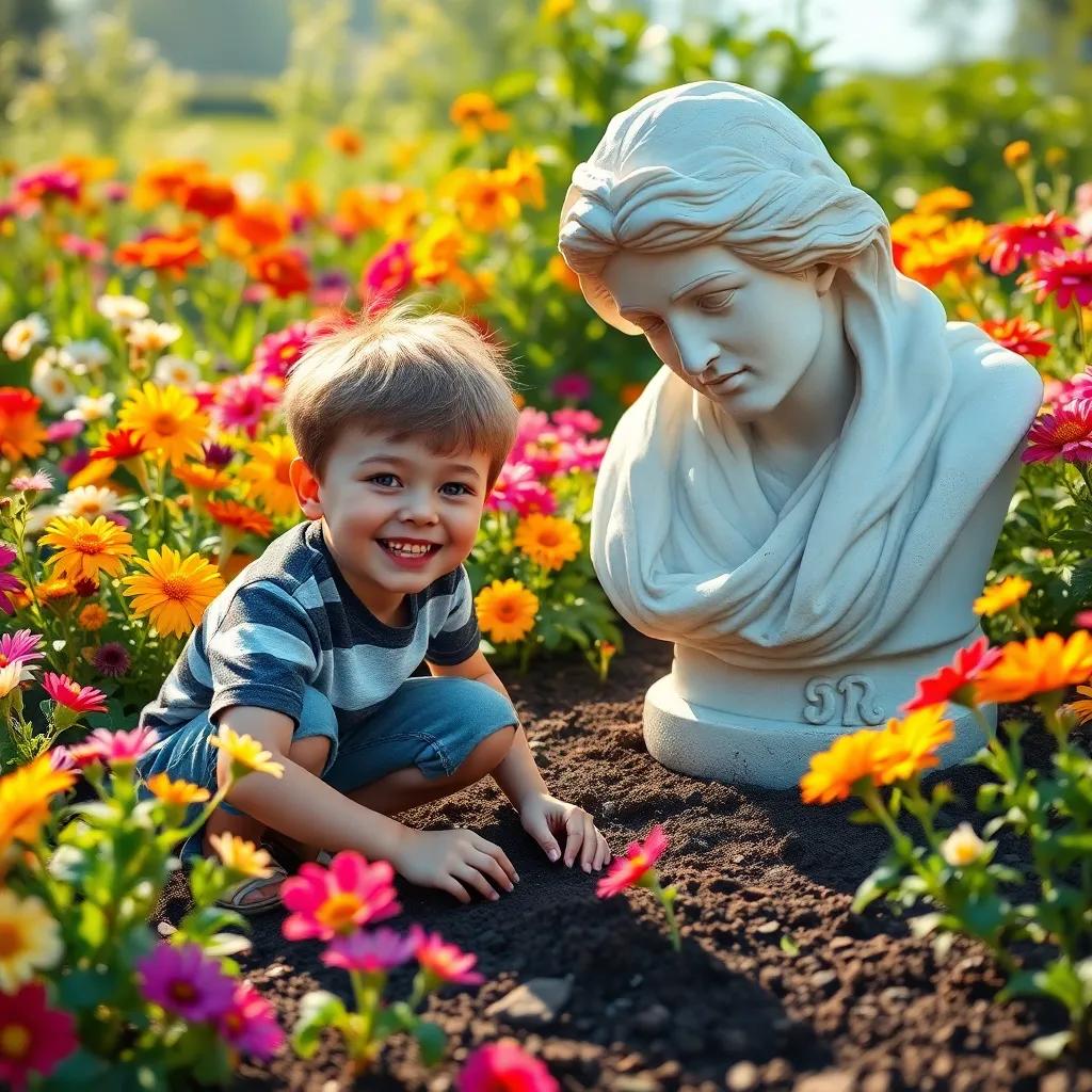 A garden filled with colorful flowers and a happy boy, Sam, with a big smile, kneeling by Miss Lily, who is planting seeds in the soil, bright day, detailed digital art, vibrant colors, warm light, close-up perspective