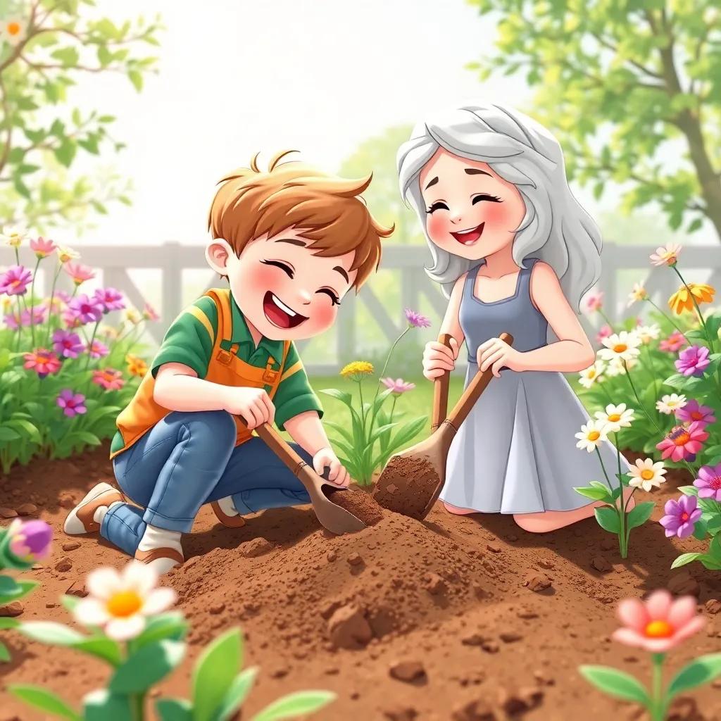 Sam and Miss Lily working together in the garden, digging soil, laughter and joy in the air, with flowers blooming around them, bright sunlight, illustration, cheerful scene, child-friendly