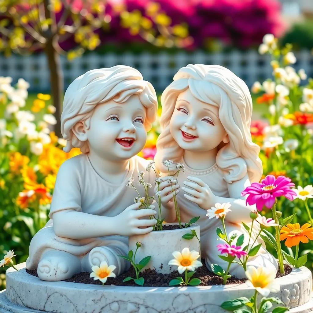 Sam and Miss Lily singing a happy song as they plant seeds together, both smiling, surrounded by blossoming flowers in a bright, sunny garden, playful, colorful, high quality