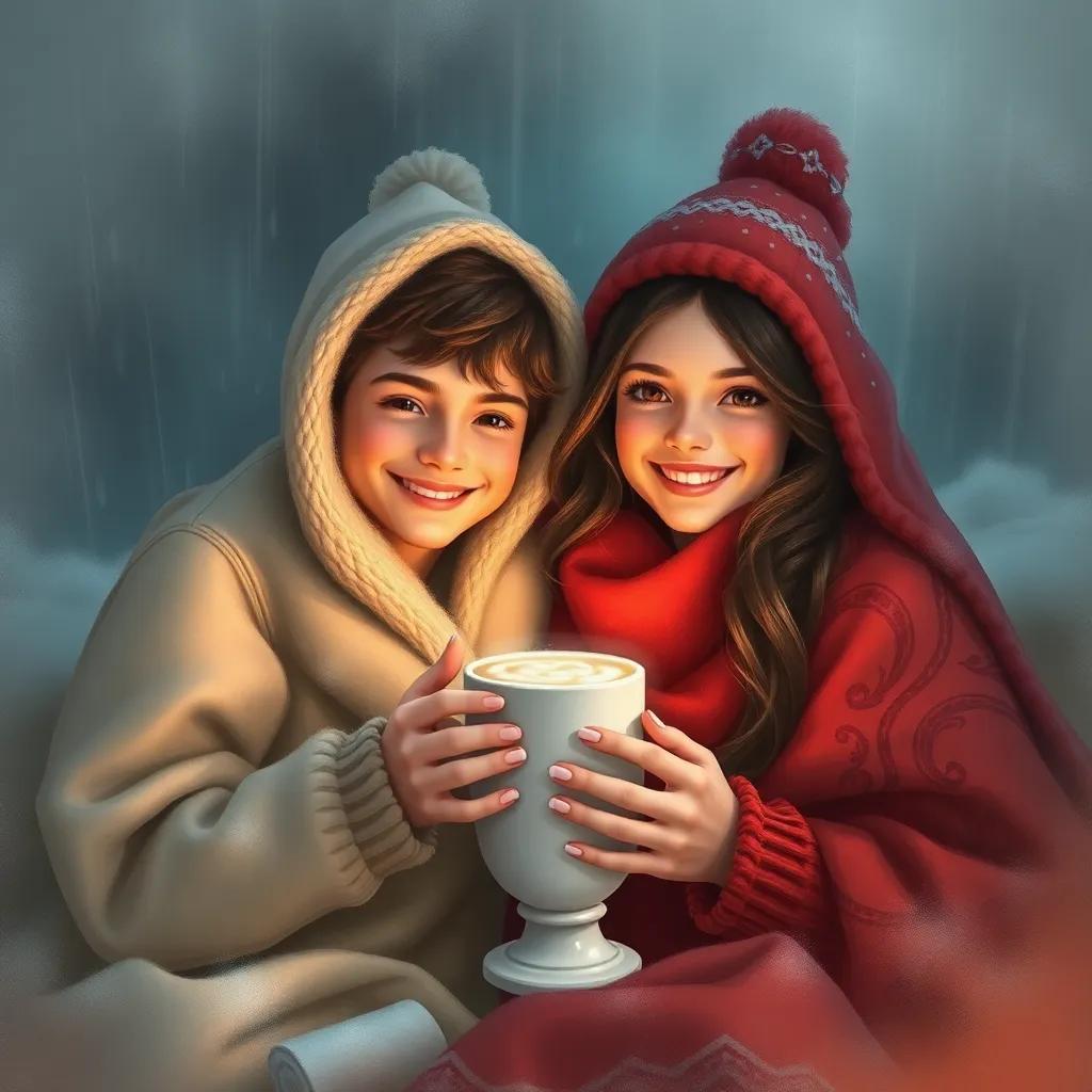 A stormy day with Sam and Miss Lily sharing hot cocoa under cozy blankets, smiling and feeling proud, depicted in a warm, comforting setting, digital painting, soft light, inviting atmosphere