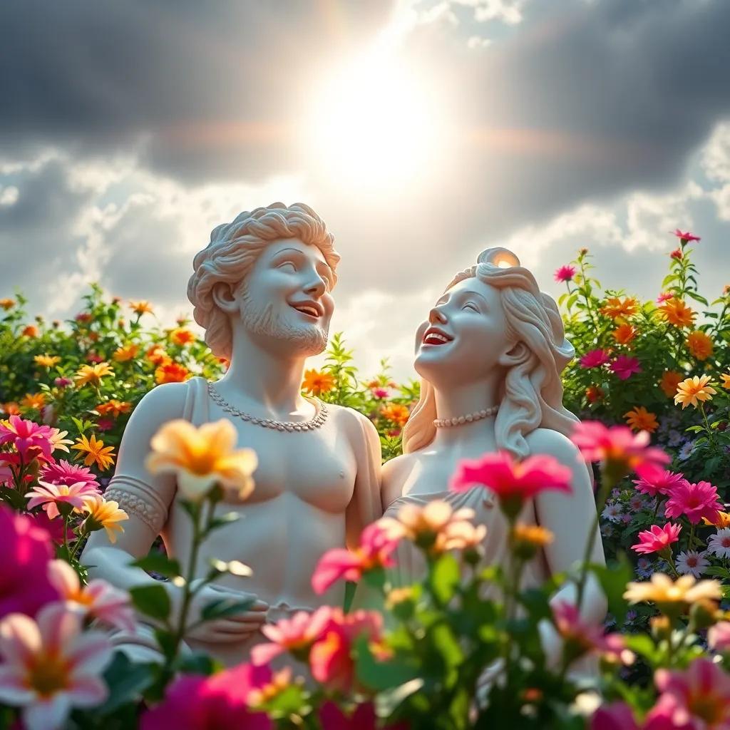 The calm after the storm with bright sunlight shining on their blooming garden, Sam and Miss Lily gasping in joy, colorful flowers swaying, cheerful mood, digital art, vibrant colors, uplifting