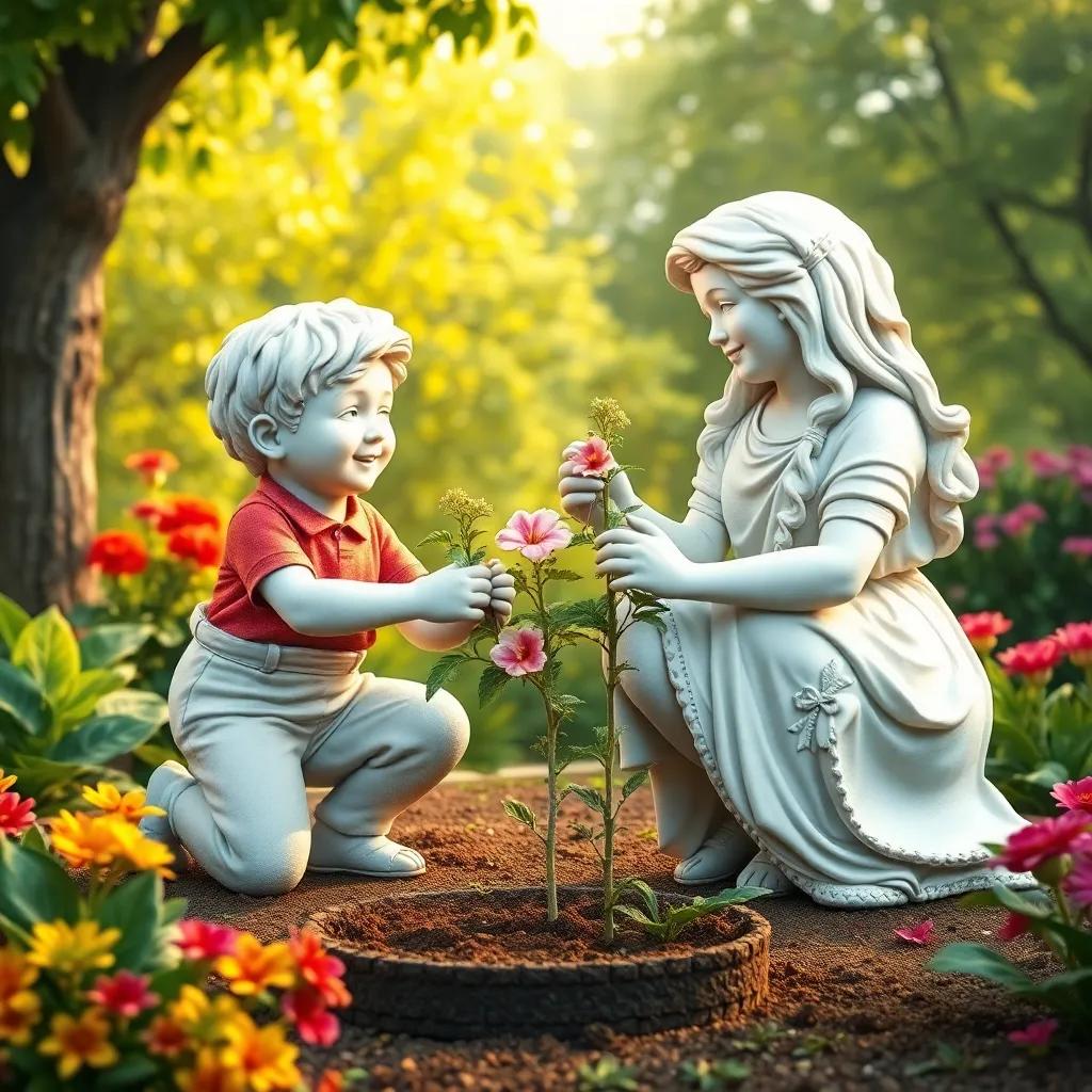 Sam and Miss Lily in the garden, talking and laughing, planting trees side by side, bright colors around, representing teamwork and friendship, detailed artwork, heartwarming