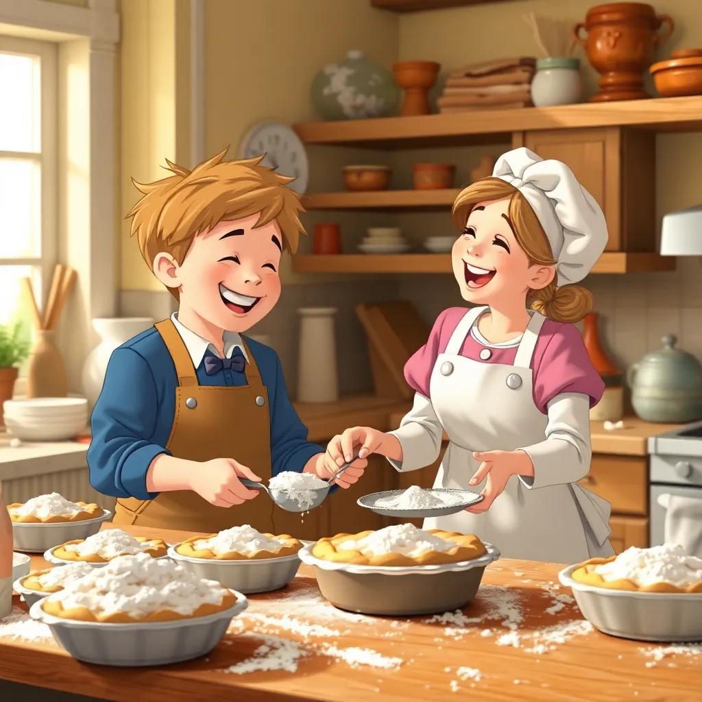 Sam helping Miss Lily bake pies in a cozy kitchen with flour everywhere, both laughing, family-friendly scene, warm colors, joyful vibe, digital illustration