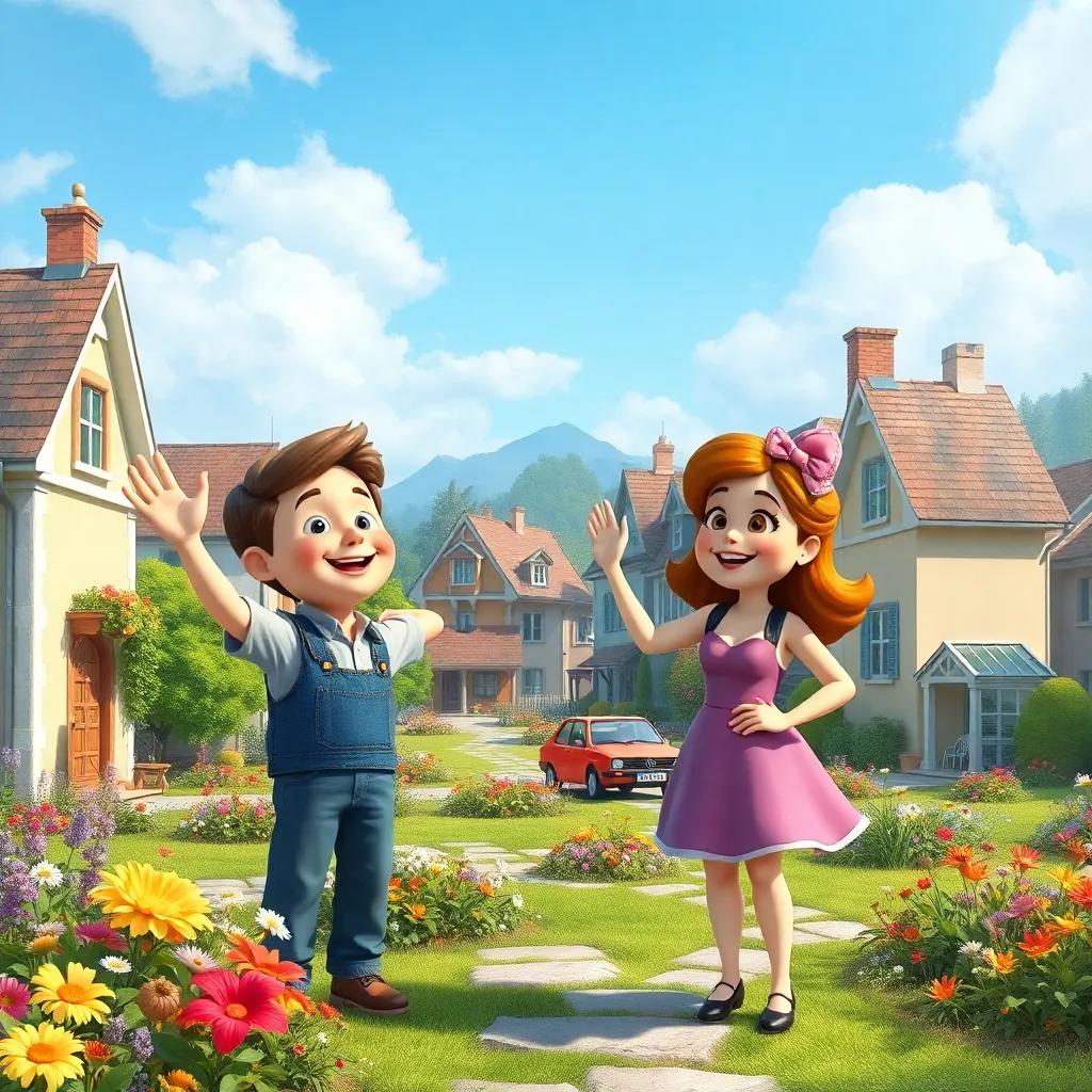 A peaceful little town with Sam and Miss Lily waving to each other, heartwarming friendship visible in their smiles and the colorful gardens around, digital painting, cheerful atmosphere, high quality