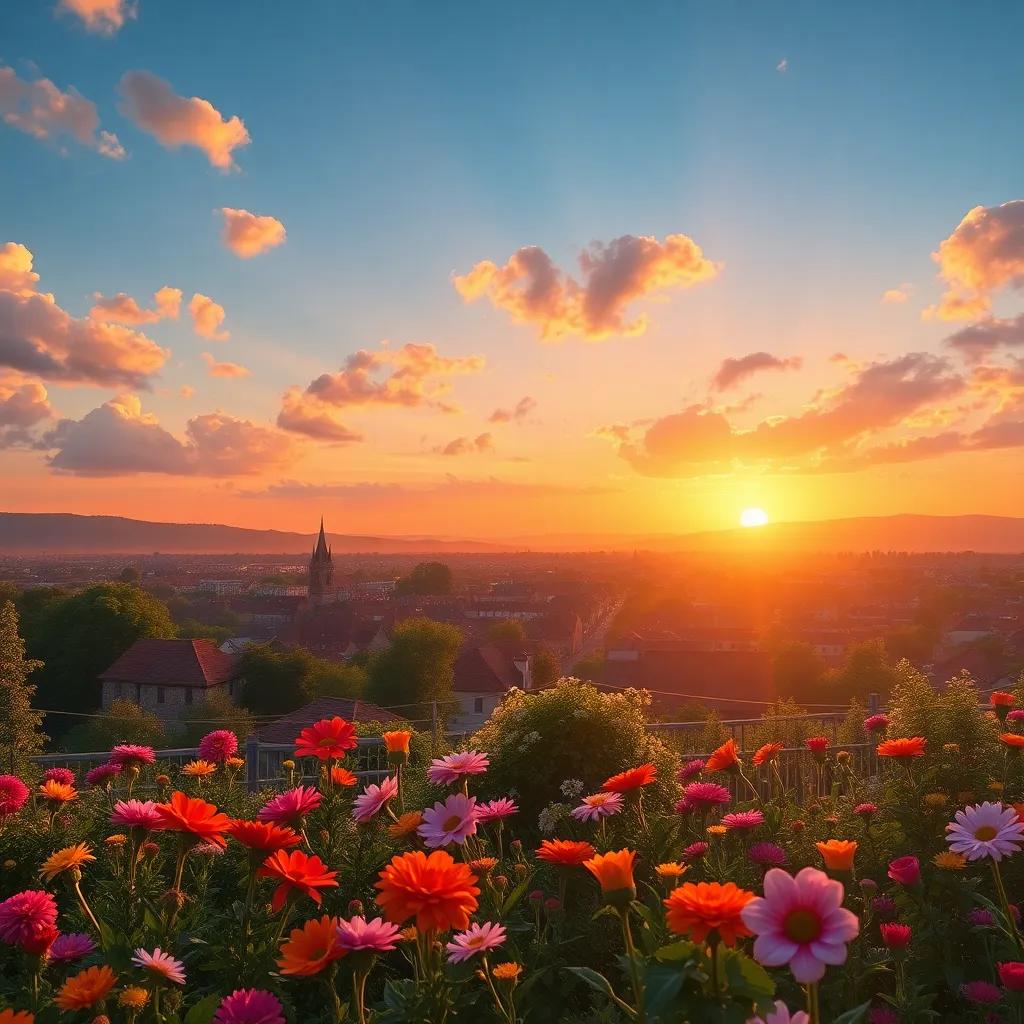 A beautiful sunset over the town, showing Sam and Miss Lily's flourishing garden with flowers blooming, symbols of love and friendship, warm light, vibrant colors, heartwarming scene, digital art