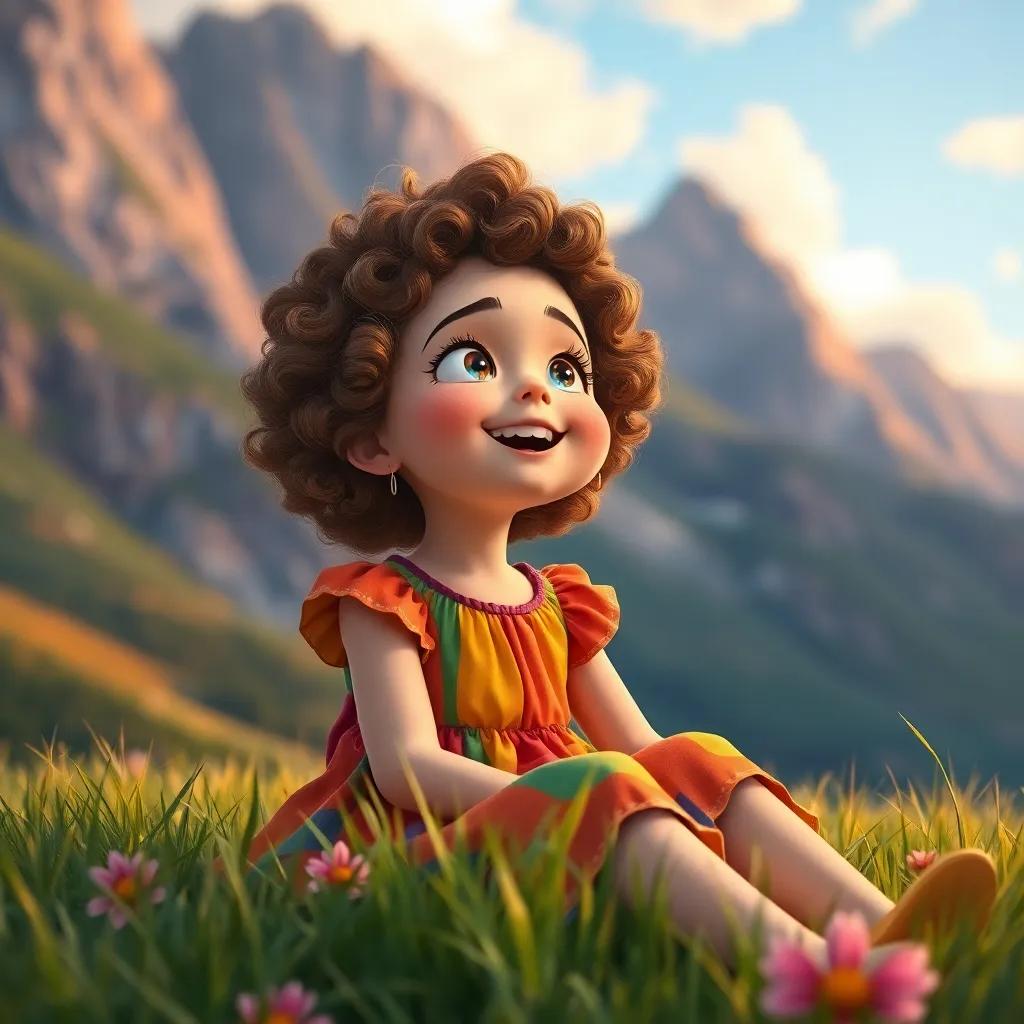 A young girl, Lúcia, with curly brown hair, wearing a colorful dress, sitting in a grassy field surrounded by mountains, looking up at the sky with excitement, digital art, vibrant colors, whimsical atmosphere, cheerful perspective, high quality