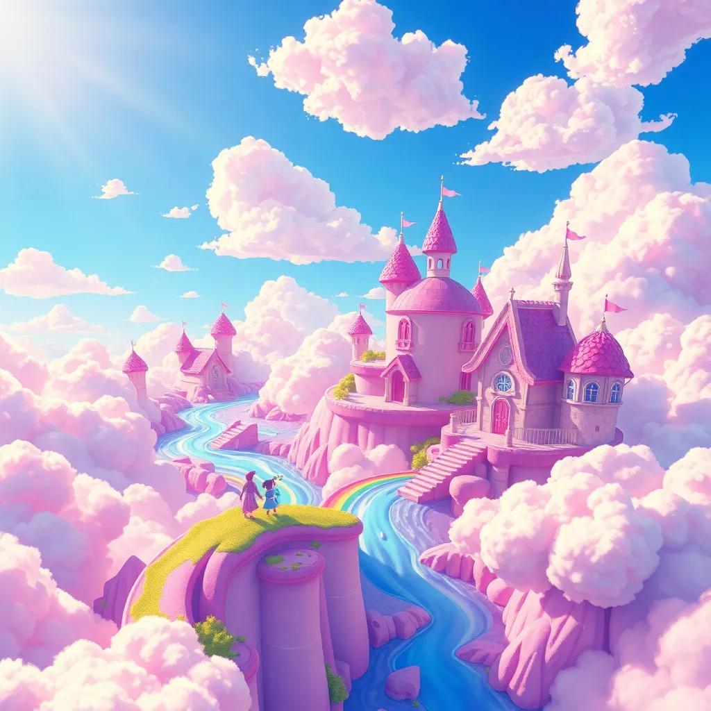 A magical kingdom in the clouds, with cotton candy houses and rivers of liquid rainbows, above a bright blue sky, with Lúcia and Cirrus, a small cloud guardian, exploring together, illustration, colorful and fantastic, joyful scene, high detail