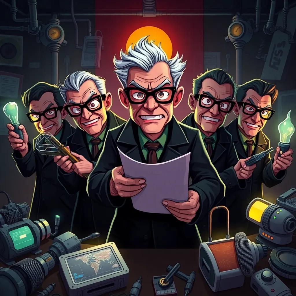 A group of evil scientists in dark lab coats and glasses, looking sneaky with evil smirks, holding blueprints and tools, surrounded by gadgets they want to steal, dark and suspenseful mood, digital illustration, detailed