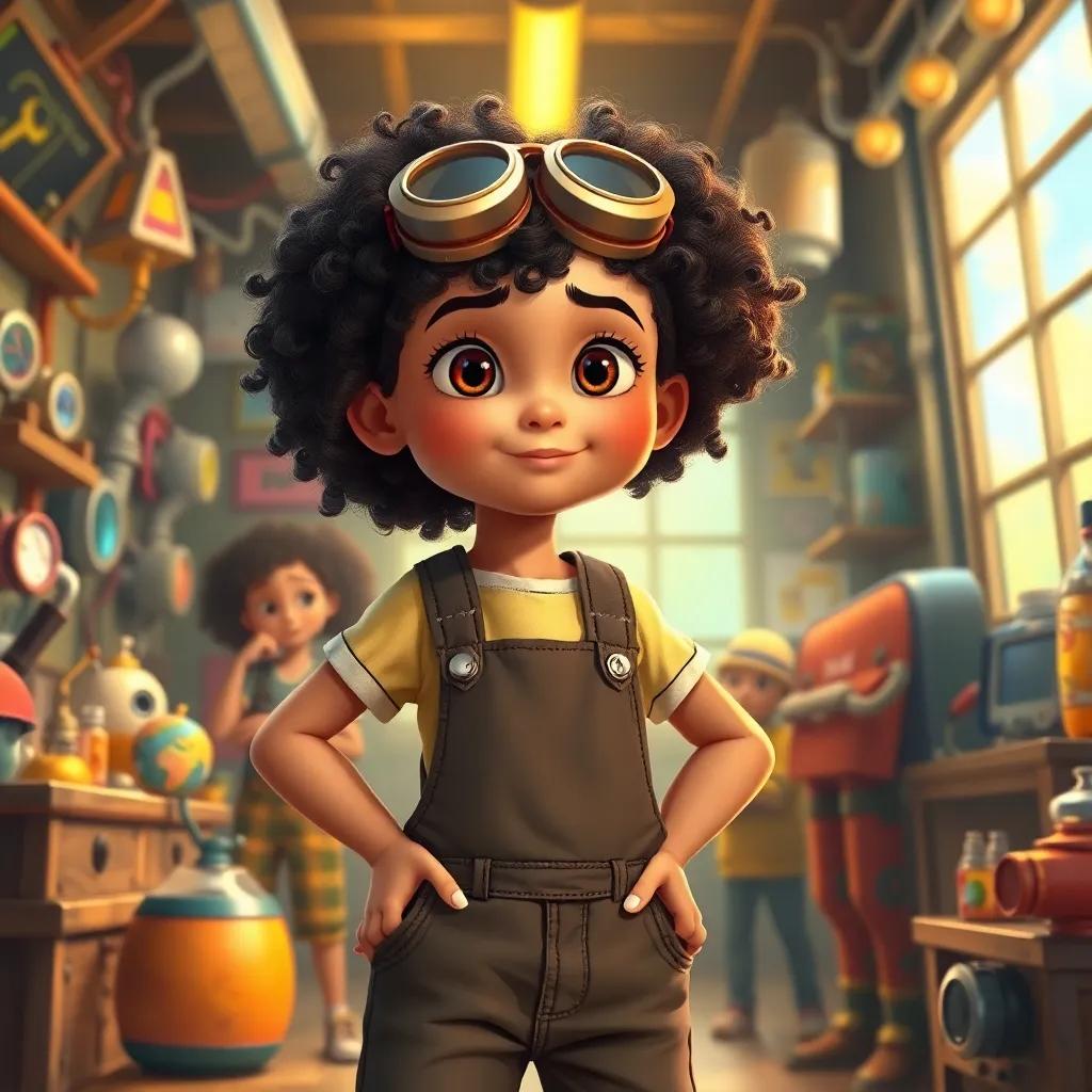 Lucía, a young girl with curly hair and a creative spirit, wearing overalls and goggles, standing strong with her friends, planning in a secret workshop filled with colorful inventions, warm lighting, hopeful atmosphere, digital painting, high quality