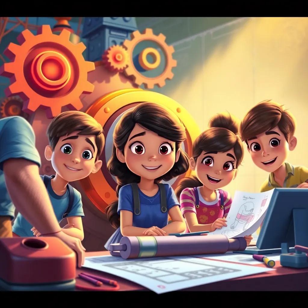 Lucía and her friends working together, building a giant machine with gears and bright lights, focused expressions, surrounded by their creative ideas and sketches, bright and lively colors, collaboration theme, digital illustration