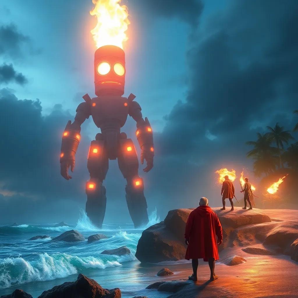 The powerful invention they created, glowing with light, standing guard at the coastline, while the evil scientists are trying to infiltrate the island, vibrant energy, dramatic scene, digital art, high quality