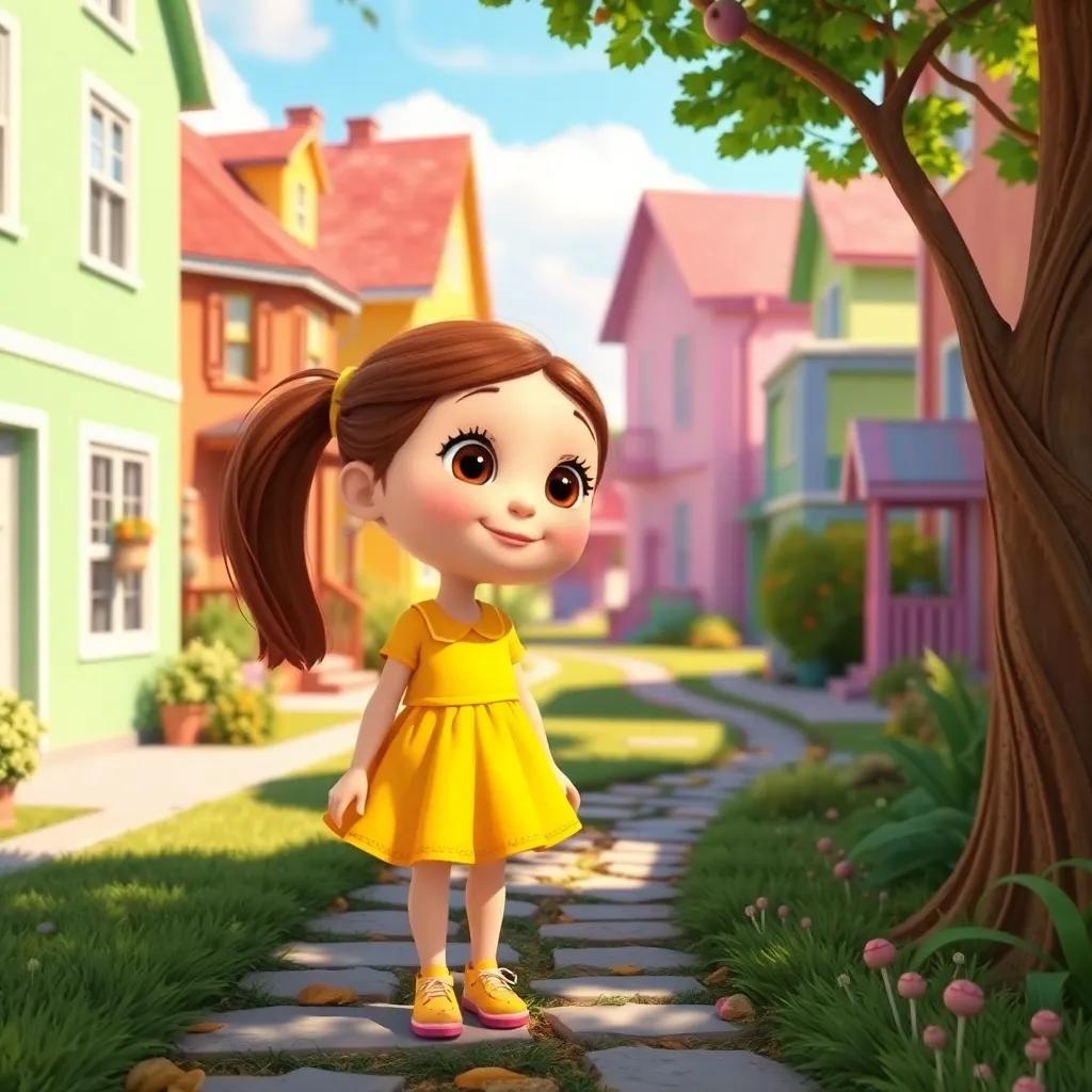 A sunny street in a neighborhood with colorful houses, a curious girl, Lucy, with brown hair in a ponytail, wearing a bright yellow dress, exploring a candy tree pathway, digital art, cheerful, vibrant colors, warm light, high quality