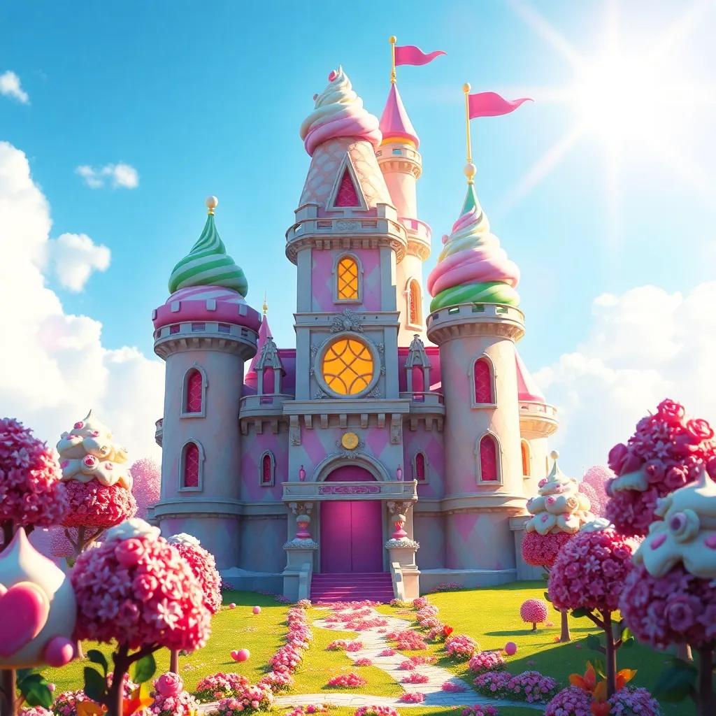 An enchanting Ice Cream Castle glistening in the sunlight, with colorful ice cream cones as towers and topped with whipped cream, surrounded by candy trees and chocolate flowers, digital painting, magical atmosphere, bright colors, high quality