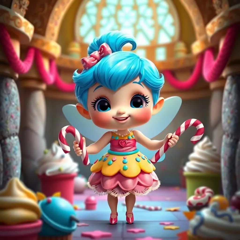 Inside the castle, a tiny fairy named Sprinkles, with bright blue hair and a gumdrop dress, welcoming Lucy with a candy cane wand in her hand, surrounded by colorful ice cream and treats, digital art, whimsical, vibrant, high quality