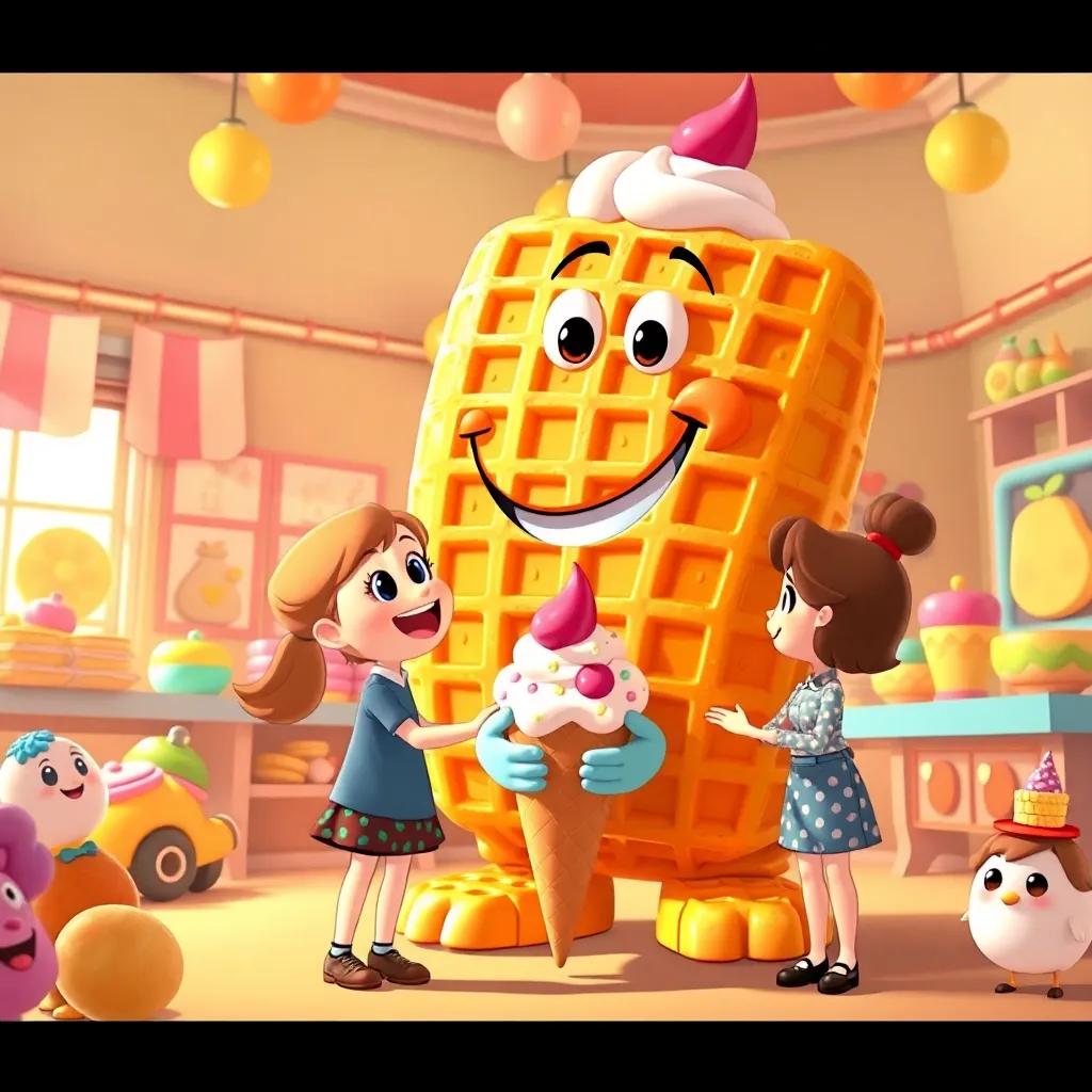A friendly giant named Waffle, made of crispy waffle cones, smiling and offering Lucy a scoop of waffle ice cream, in a room filled with fun flavors and characters, digital illustration, cheerful atmosphere, warm colors, high quality