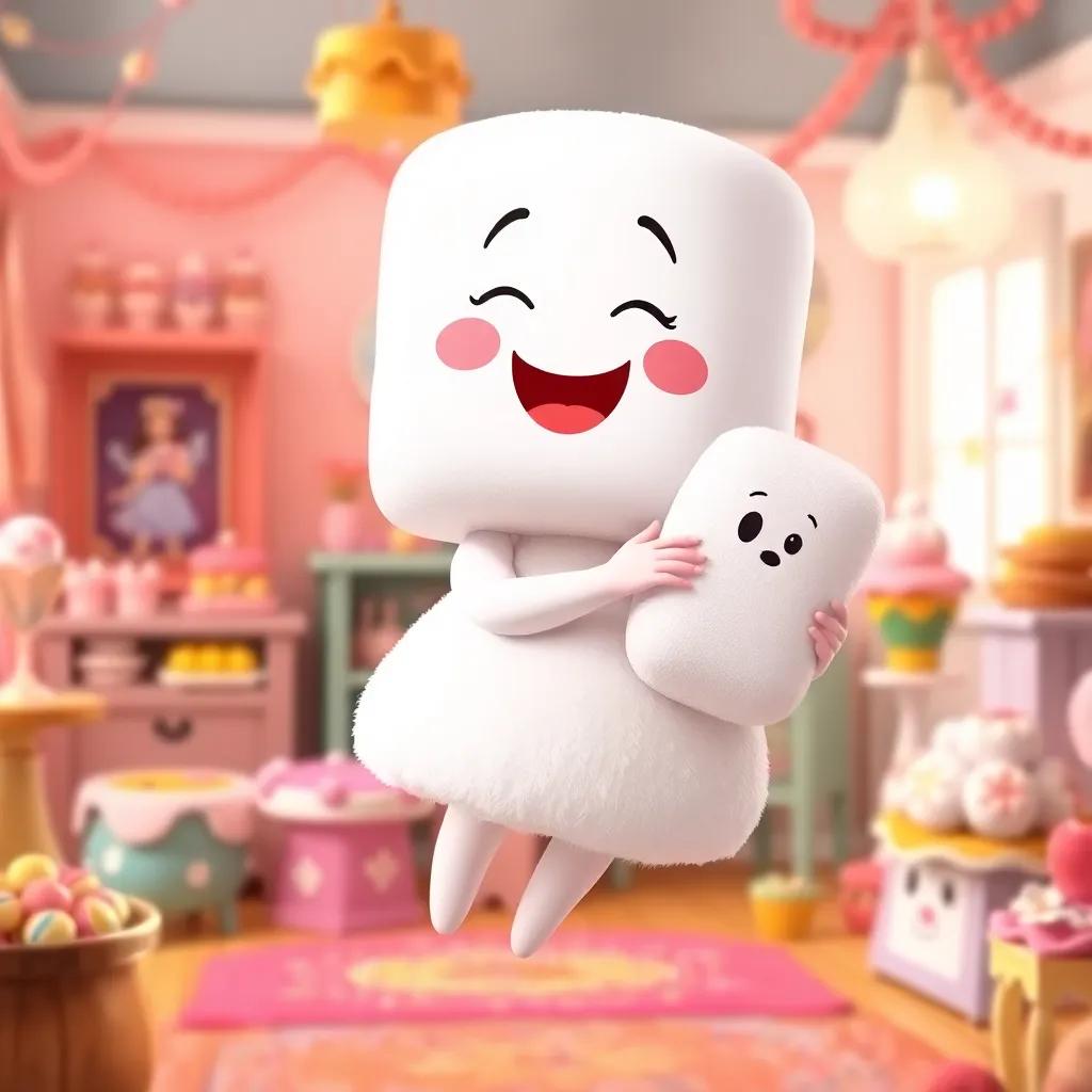 A cheerful marshmallow named Mabel floating in the air, wearing a fluffy white dress, giving Lucy a marshmallow hug in a cozy room filled with sweets, digital art, playful vibe, bright colors, high quality