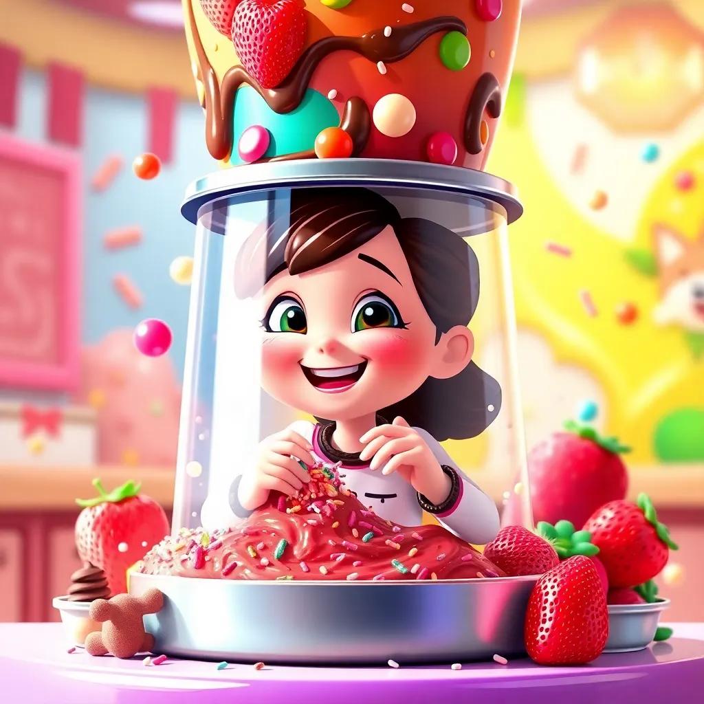 A colorful Flavor Fountain bubbling with chocolate, strawberry, and mint flavors, Lucy joyfully mixing ingredients with Sprinkles, in a fun and creative atmosphere, digital illustration, vibrant, high quality