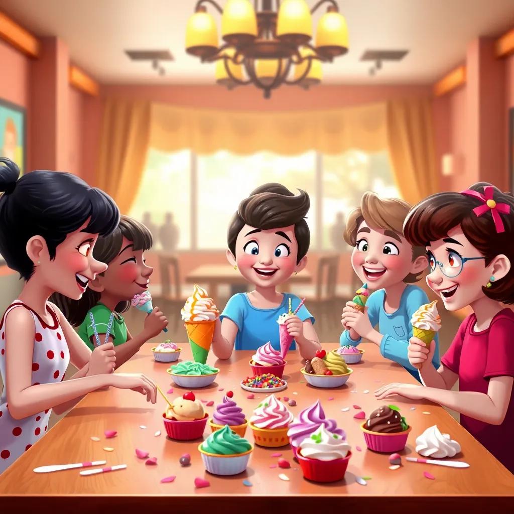 Lucy and her sweet friends enjoying their ice cream treats together, sitting at a large table filled with toppings and laughter, in a warm and inviting setting, digital art, colorful, joyful, high quality
