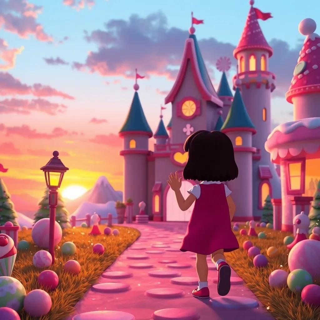 As the sun sets, Lucy waves goodbye to her friends outside the Ice Cream Castle, walking back down the candy path, surrounded by magical scenery that sparkles in the twilight, digital illustration, heartwarming, vibrant colors, high quality