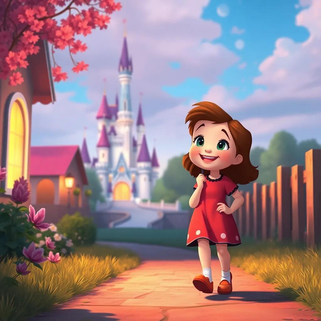 Lucy walking home with a smile on her face, feeling grateful, with the Ice Cream Castle visible in the distance fading into magic, digital painting, dreamy, warm light, high quality