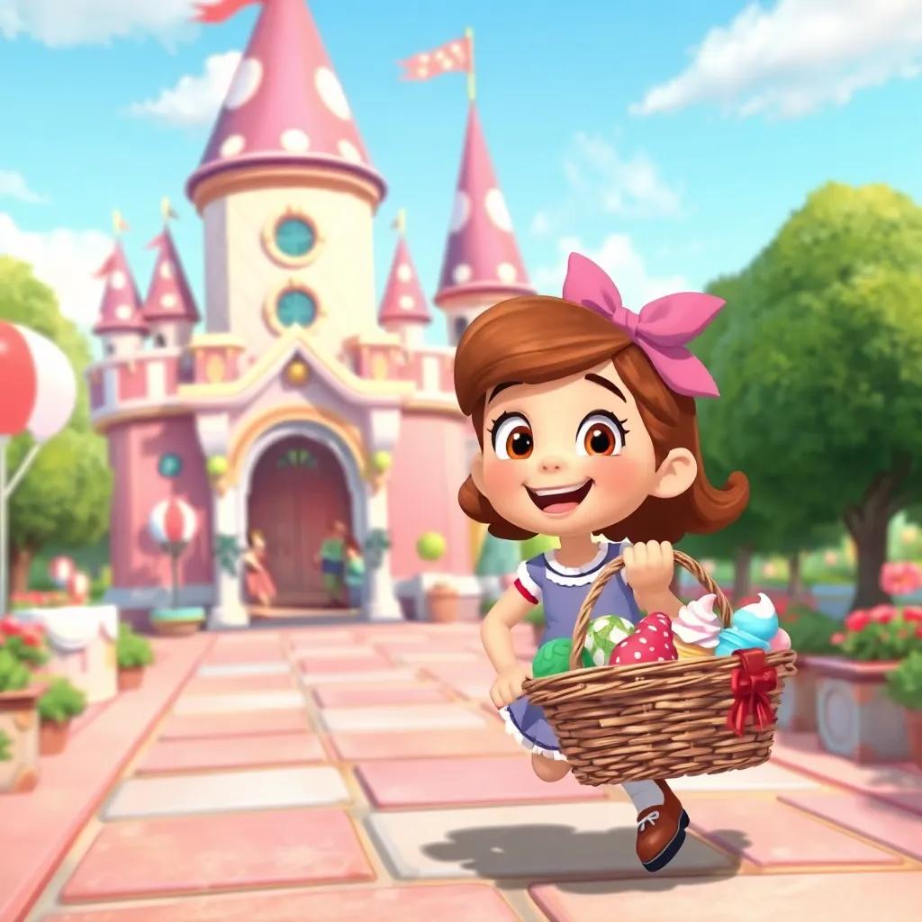 Lucy happily returning to the Ice Cream Castle with a basket of treats, ready for more adventures with her friends, in a lively and colorful setting, digital art, cheerful, vibrant colors, high quality
