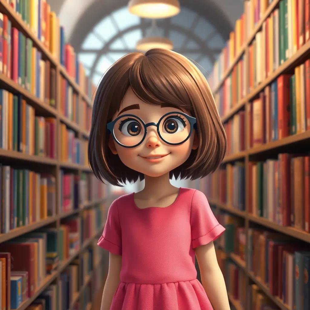 A bright girl with shoulder-length brown hair, wearing a pink dress and glasses, exploring a library filled with colorful books, digital art, cheerful, warm lighting, inviting atmosphere, high quality