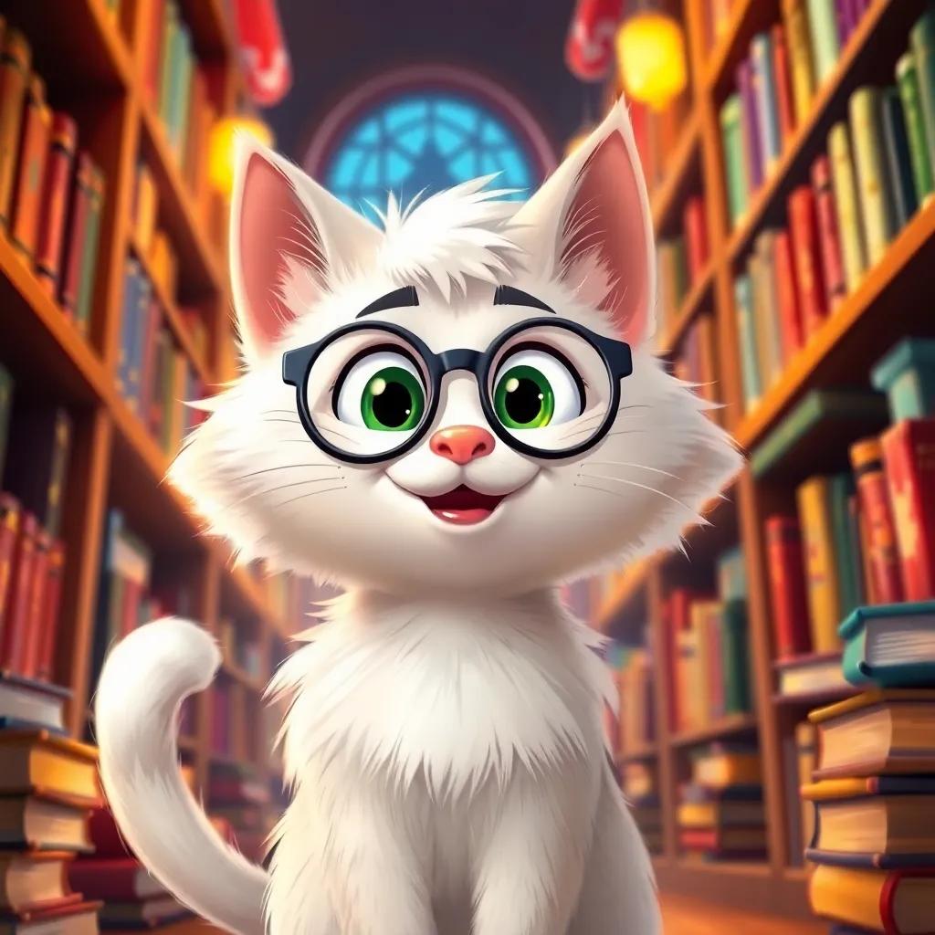 A friendly cartoon cat with glasses, fluffy white fur, and a big smile, standing next to Lucy in a magical library, surrounded by glowing books, vibrant colors, playful, high detail, whimsical style