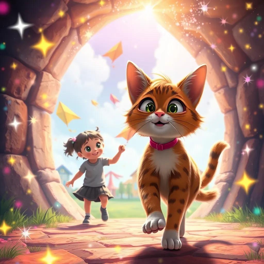 Lucy and Whiskers, the cat, traveling through a time portal surrounded by colorful sparkles, witnessing children playing outside with kites, joyful, bright colors, magical energy, fantasy art