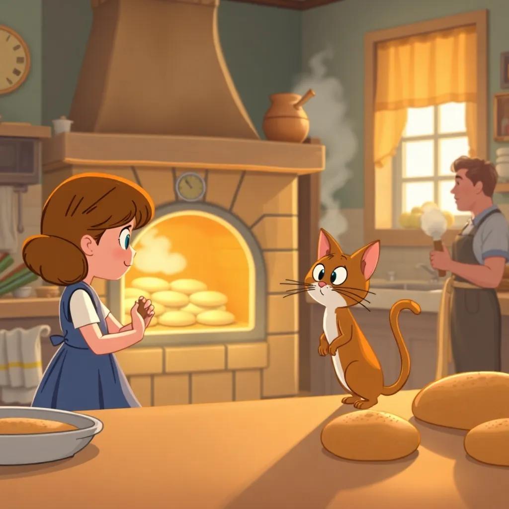 A warm kitchen with people baking bread, Lucy and Whiskers looking amazed at the big oven, steam rising, cheerful atmosphere, detailed illustration, homey feeling, bright light