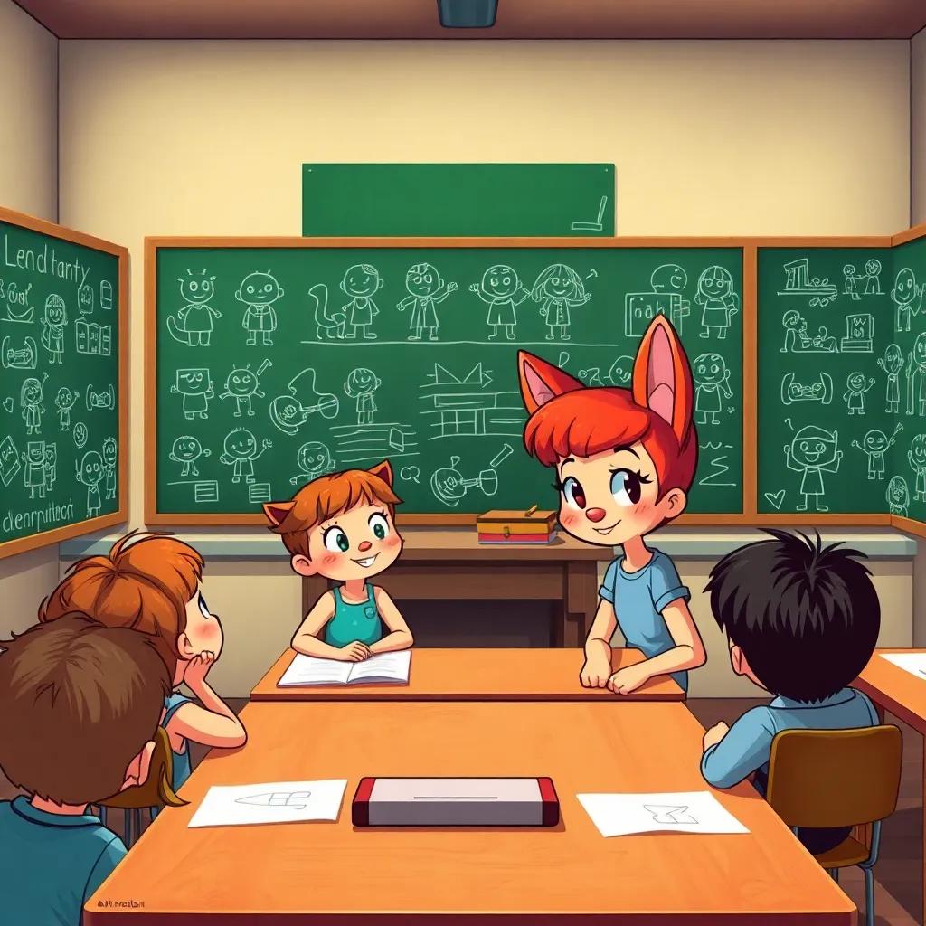 A retro classroom scene with children learning, Lucy and Whiskers observing chalkboards full of drawings, happy faces, nostalgic colors, cartoon style, charming perspective