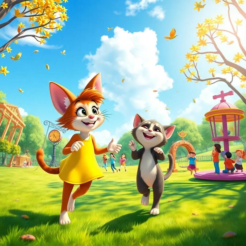 Lucy and Whiskers in a sunny park with swings, merry-go-rounds, and children playing, vibrant colors, joyful scene, fun perspective, lively energy, digital painting