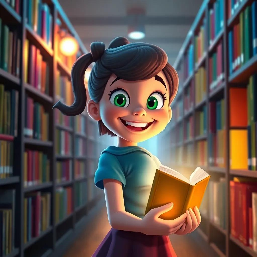 Lucy back in the library with a big smile, full of excitement, glowing book in her hands, bright and inviting colors, whimsical atmosphere, dynamic viewpoint