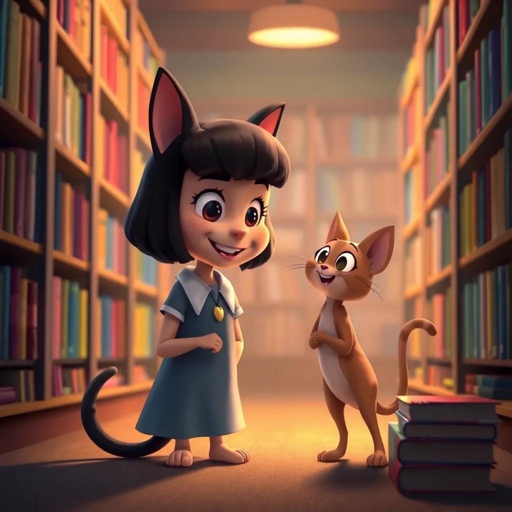 A proud Lucy talking to Whiskers in the library, expressing her excitement about understanding 'used to', warm and bright lighting, joyful color palette, colorful background, heartfelt feeling