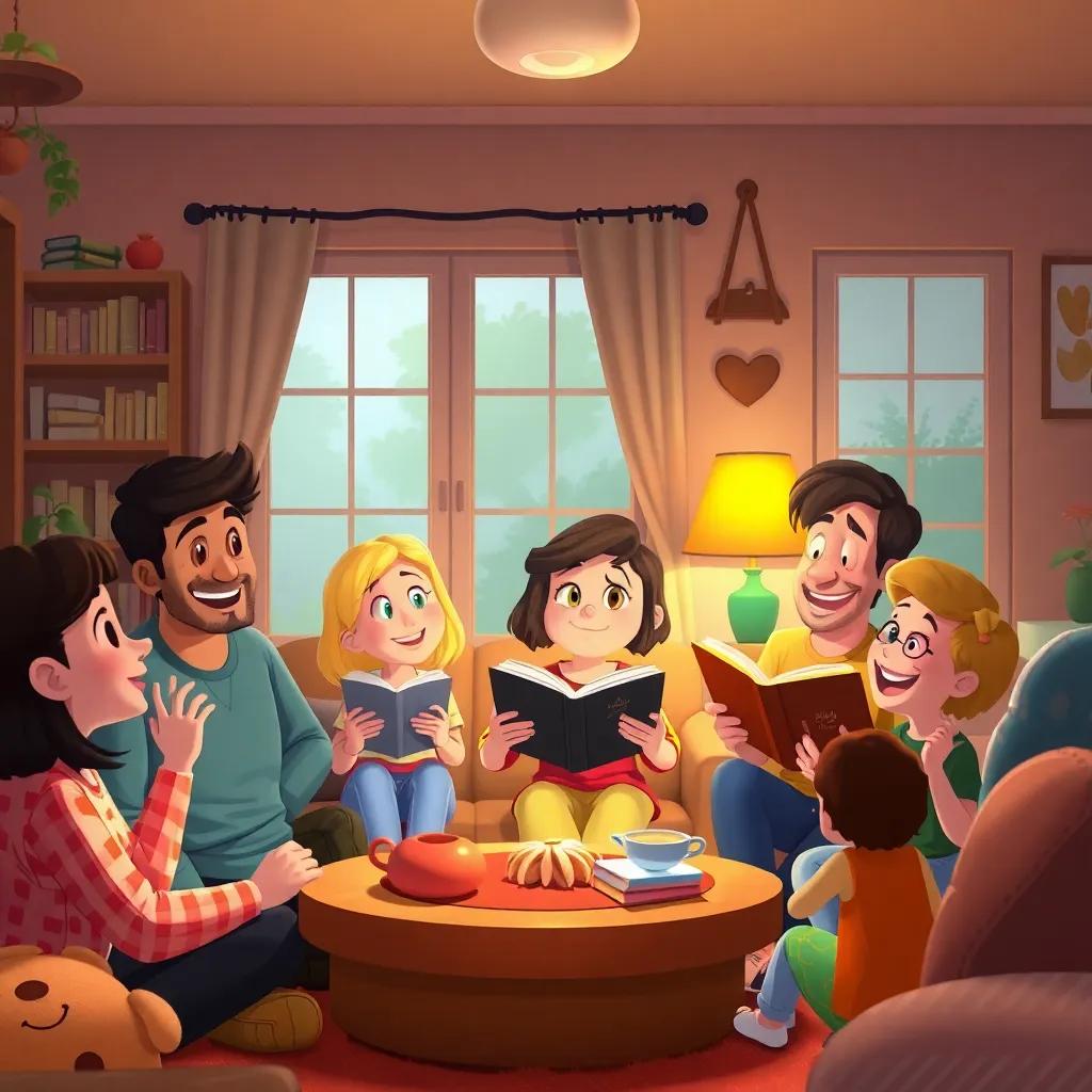 Lucy at home with her friends gathered around, sharing stories animatedly, smiles and laughter filling the room, cozy atmosphere, warm colors, playful style, community vibe