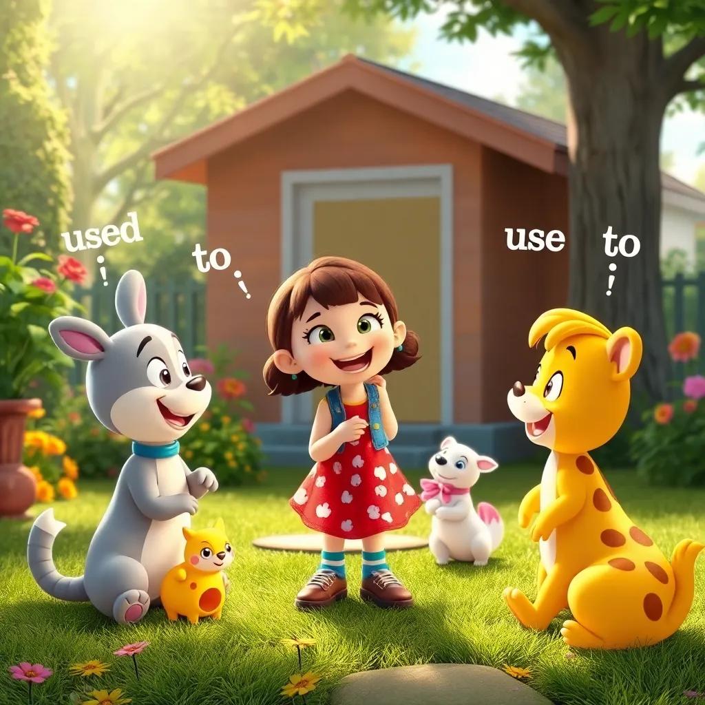 Lucy and her friends outside playing, using 'used to' in joyful conversations, bright colors, cheerful scene, lively interaction, heartwarming style