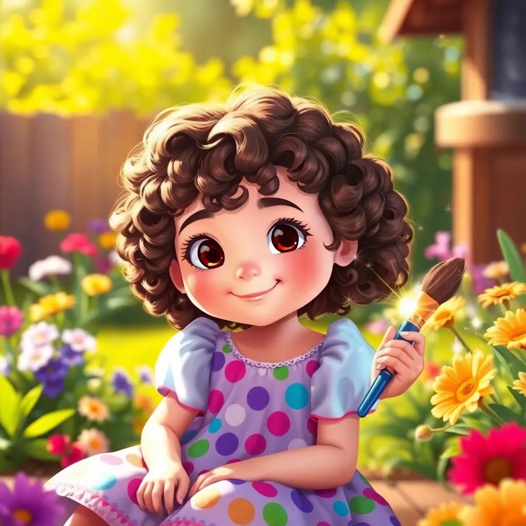 A young girl, Lucy, with curly brown hair, wearing a colorful dress, sitting in a sunny garden, holding a shiny paintbrush with sparkles around it, illustration, cheerful, vibrant colors, inviting atmosphere, highly detailed, high quality