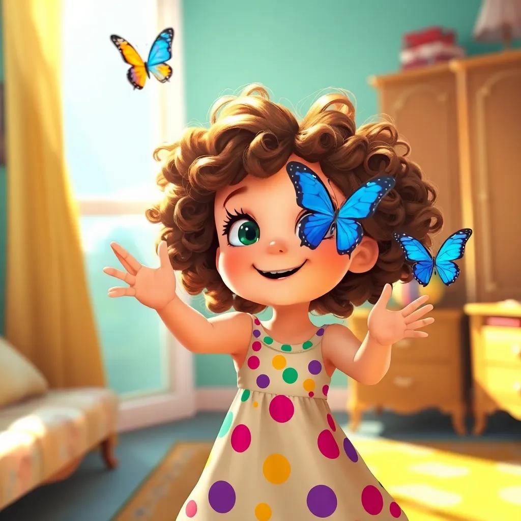 Lucy, a young girl with curly brown hair in a colorful dress, reaching out as a blue butterfly flies joyfully around her room, bright sunlight streaming in, magical and whimsical, digital art, vivid colors, uplifting, high quality