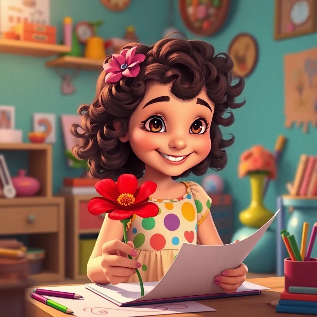 Lucy, a young girl with curly brown hair in a colorful dress, smiling as she draws a red flower that pops out of the paper, her room filled with colorful objects, digital painting, joyful and lively, warm light, high quality