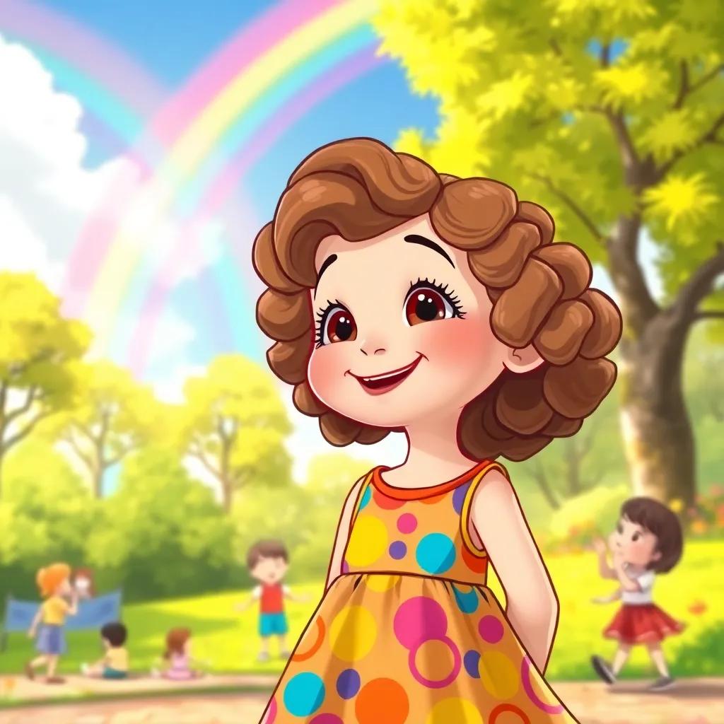 Lucy, a young girl with curly brown hair in a colorful dress, standing outside in a sunny park, smiling at a big rainbow that shines in the sky, children playing around her, illustration, colorful and fun, happy atmosphere, high quality