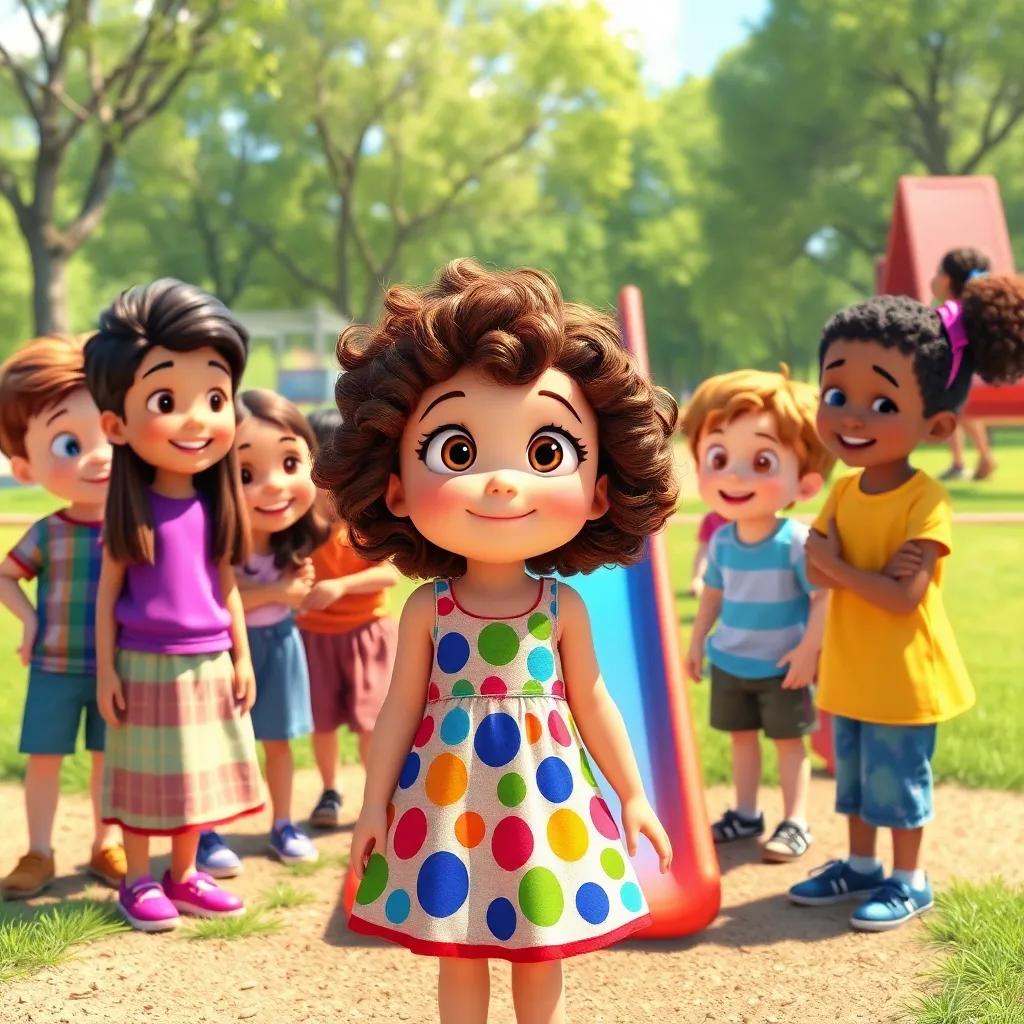 Lucy, a young girl with curly brown hair in a colorful dress, surrounded by friends at the park, all looking amazed at a big slide she drew that just appeared, sunny day, joyful moments, bright colors, high quality