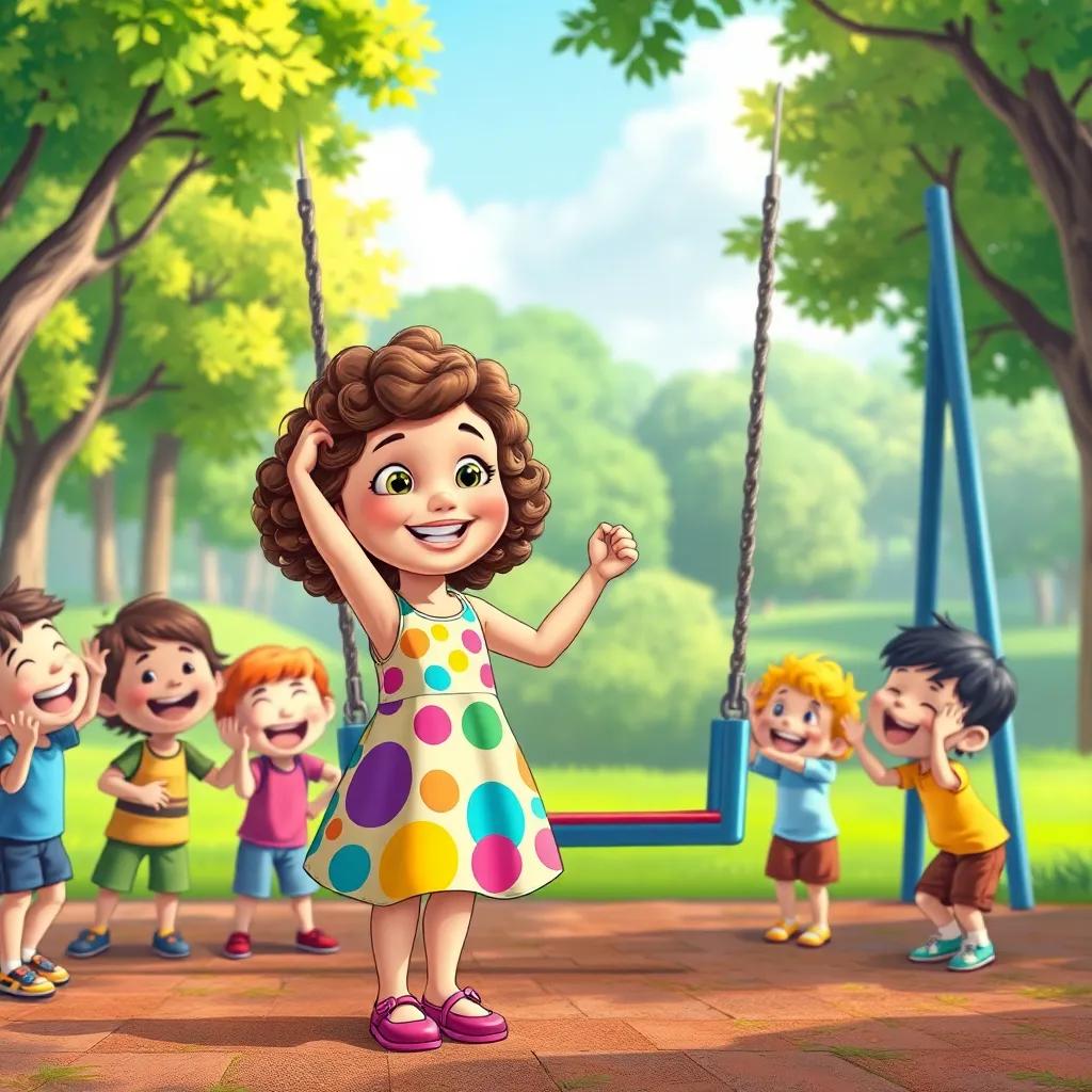 Lucy, a young girl with curly brown hair in a colorful dress, proudly drawing a swing set with kids cheering around her, park setting, vivid and colorful scene, happy expressions all around, digital art, high quality
