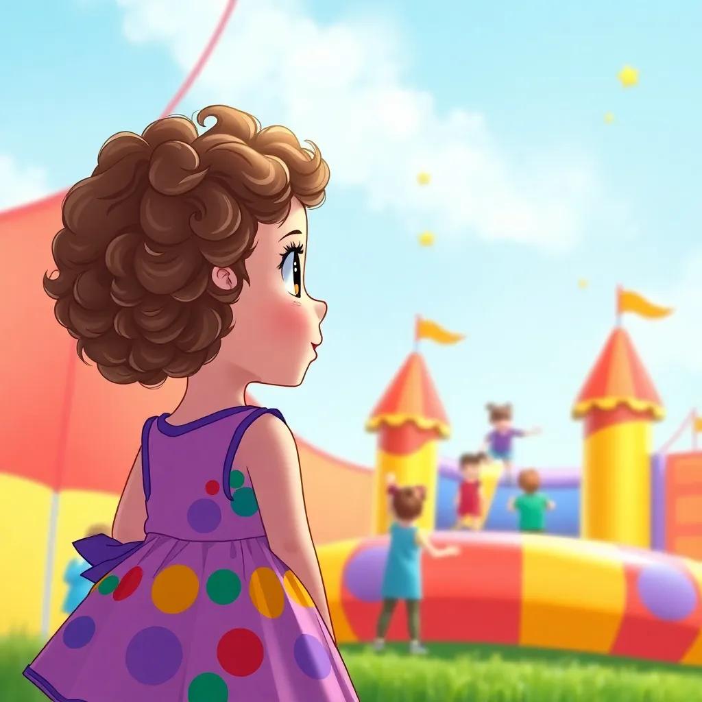 Lucy, a young girl with curly brown hair in a colorful dress, observing her friends playing on a bouncy castle she created with her paintbrush, excitement in the air, illustration, colorful and cheerful, high quality