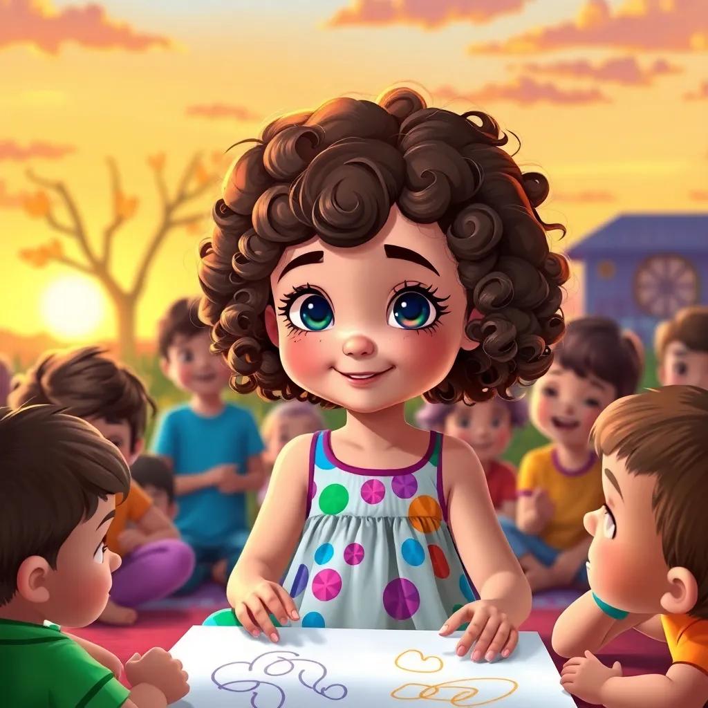 Lucy, a young girl with curly brown hair in a colorful dress, surrounded by children enjoying her drawings, sun setting with a warm glow, digital painting, vibrant colors, joyful atmosphere, high quality