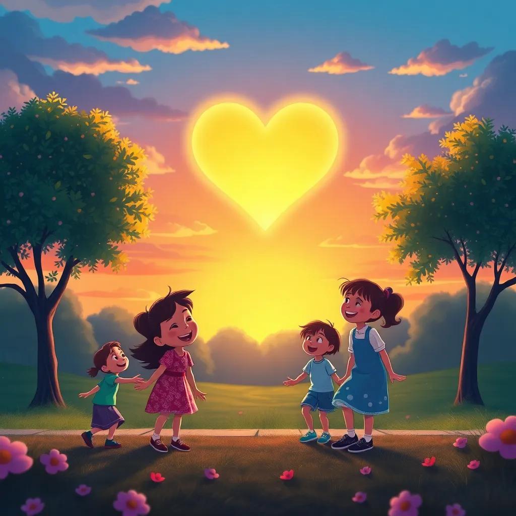 A glowing heart in the sky above Lucy and her friends as they laugh and play in the park, colorful background with a sunset, magical and heartwarming scene, illustration, detailed, high quality